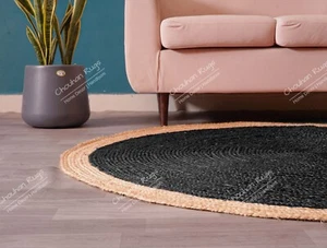 Indian Hand Braided Black Round Rug With Beige Border, Vintage Circle Area Rug - Picture 1 of 8
