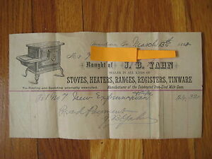 1888 antique SALES RECEIPT J.B Yahn Boyertown PA Stove Heater Iron Clad Milk Can