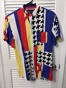 Vintage 80s Reason Brand Button Up Short Sleeve Shirt Blue Black Red NYC Medium - Picture 1 of 17