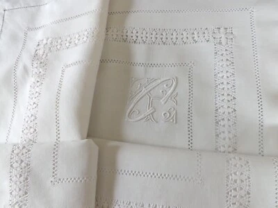 paire de taies d'oreiller brodées, pur fil de lin, mono CK, ancienne - Photo 1/4