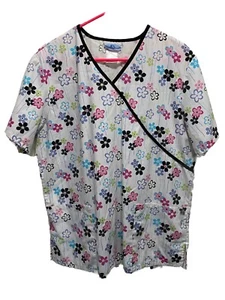 SB Scrubs Floral Size Large Black/Pink/Blue Scrub Top V Neck Pockets - Picture 1 of 5