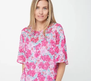 J Jason Wu Floral Chiffon Beaded Caftan Blouse Knit Tank Top Pink Floral Size XS - Picture 1 of 5