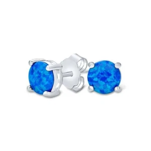 925 Sterling Silver 6mm Round Blue Fire Opal Stud Earrings For Women - Picture 1 of 2