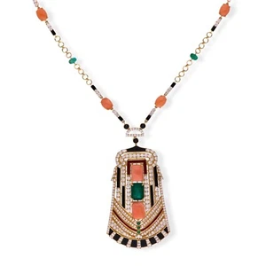 14k Yellow Gold Emerald Coral Black Onyx Lab Grown CVD Diamond Pendant Necklace - Picture 1 of 10