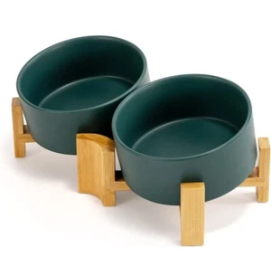 15° Slanted Green Ceramic Dog & Cat Bowls With Wooden Stand - Picture 1 of 8