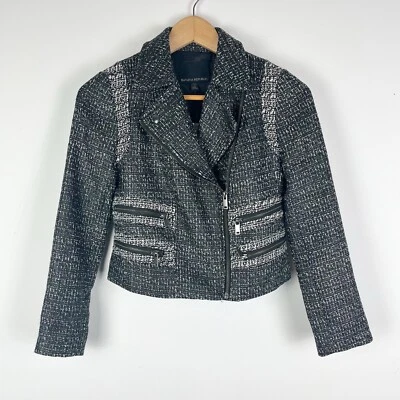 BANANA REPUBLIC BLACK white TWEED MOTO JACKET sz 0 blazer zip  - Image 1 of 4