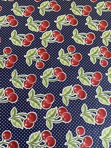 Waverly 2¾+ Yards Dark Blue Fabric White Polka Dot Red Cherries Continuous Piece - Picture 1 of 4