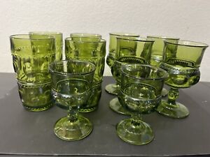 Indiana Glass King Crown GREEN Goblet Wine and Cordial glass  10 Set 1960s