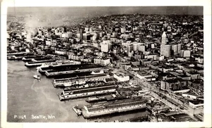 Vista aérea de postal RPPC de Seattle WA Harbor Port Waterfront King County - Imagen 1 de 3