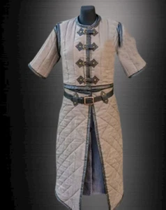 Medieval Gambeson with Black Leather Trimmed , Fancy Style Gambeson - Picture 1 of 6