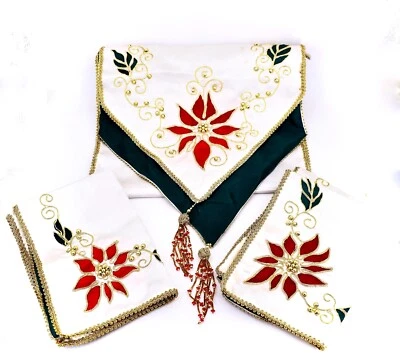 Christmas Poinsettia Table Runner Set, 4 Placemats, Gold Trim, Gold Beads, White - Image 1 of 4