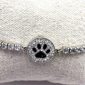 SILVER PLATED DOG PAW CHARM WITH CRYSTALS CUBIC ZIRCONIA LINK BRACELET - Picture 1 of 8