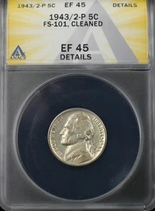 1943/2-P JEFFERSON NICKEL 5C ANACS XF DETAILS FS-101 RARE OVERDATE VARIETY - Picture 1 of 5