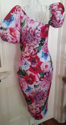 ASOS MID LENGTH DRESS BRIGHT PINK & MORE FLOWER PRINT "BALLOON" STYLE SLEEVES - image 1 of 4