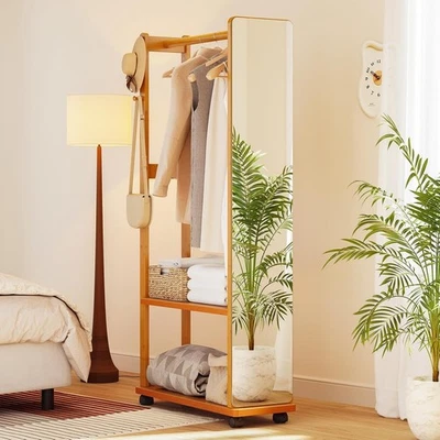 Luxury Full Length Mirror with Wheels Floor Mirror With Coat Rack Hooks Bamboo - Image 1 of 4