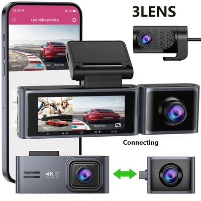 OMBAR 4K Dash Cam Recorder 3-Channel 360° Car DVR Video Camera GPS G-Sensor + 64G TF