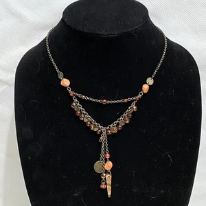 Robert Rose Faceted Bead & Metal Disc Bronze Chain Necklace Boho Signed - Picture 1 of 6