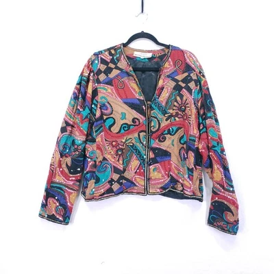 Vintage I. Magnin Judith Ann Silk Colorful Sequin Bold Print Blazer Jacket L - Image 1 of 4