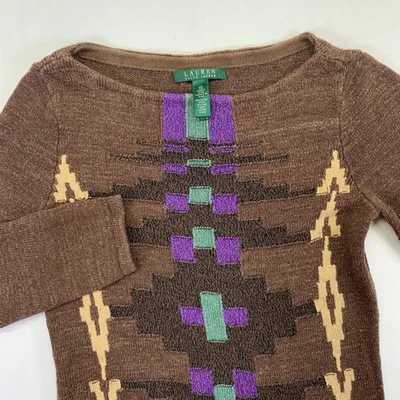 Suéter Pullover Top Lauren Marrón Tejido Azteca Talla XS Manga 1/2 Foto 1 de 4