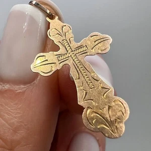 Antique Russian 56 Zolotnik Gold Cross Pendant | Orthodox | Hand Engraved - Picture 1 of 8
