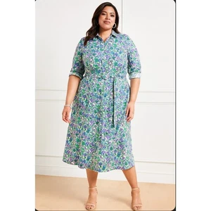 Talbots blau grün lila Blumen Fit & Flare Popeline Hemdkleid Plus 20WP - Bild 1 von 9