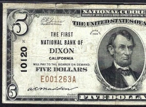 🇺🇸  CA  1929 $5  ♚♚DIXON, CALIFORNIA♚♚ PMG VERY FINE 20,  SCARCE NOTE! - Picture 1 of 3