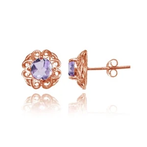 Rose Gold Flashed Sterling Silver Amethyst Round Filigree Stud Earrings - Picture 1 of 4