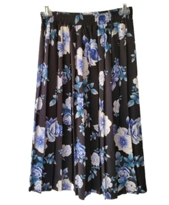 Tan Jay Plissee Midirock Größe 14 schwarz blau Blumen Pull-On Vintage - Bild 1 von 12