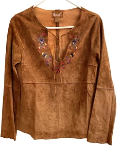 Top Boho Marca Sage Gamuza Cuero Floral Bordado Talla M Mangas Campana 2387 - Imagen 1 de 5