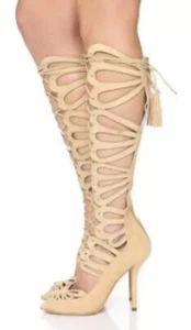 $550 Alice+Olivia 9.5 Naomi Knee High Beige Suede Lace Up Sandals~NIB - Picture 1 of 5