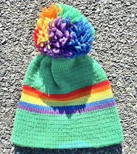 Vintage 70s 80s Retro Rainbow Knit Pure Wool Pom Pom Beanie Winter Hat - Picture 1 of 6