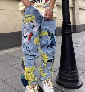 Pantalones de mezclilla azul bordados para hombre punk niños bordados hip hop rasgados pierna recta - Imagen 1 de 10