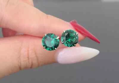 3Ct Round Cut Lab Created Emerald Solitaire Stud Earring 14K White Gold Finish - Image 1 of 4