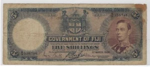 Fiji 5 Shillings 1.3.1938 P-37b, King George VI, Fine, Lucky SN 5,7,8 Gift FIAD - Picture 1 of 3