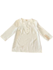 NWT White Linen Tunic Summer Top V Neck Knotted Loop Closure Lagenlook Womens M - Picture 1 of 5