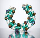 Bracelet vintage verre 3 brins perles revêtues de titane verre de mer bleu aqua 8""