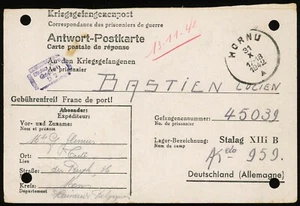 Alemania Stalag XVIII-B campo de prisioneros de guerra correo tarjeta de respuesta de Hornu Bélgica 1942 Segunda Guerra Mundial - Imagen 1 de 2