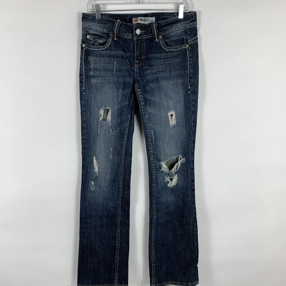 Yaso Jeans Size 7 / 8 Boot Blue Dark Wash Mid Rise Distressed Stretch Bootcut - Image 1 of 4
