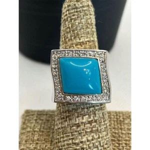 Anillo Halo Turquesa y Cristal Superposición de Rodio Corte Cojín Talla 8 - Imagen 1 de 7
