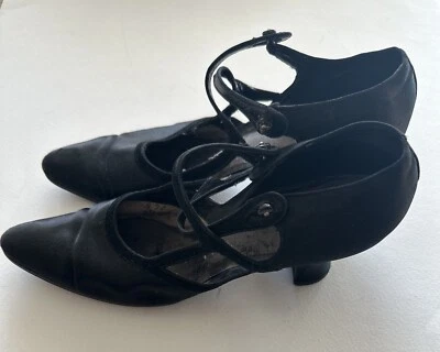 Antique Edwardian Black Satin Strap Shoes Extra Narrow Size About 8.5 - Image 1 of 4