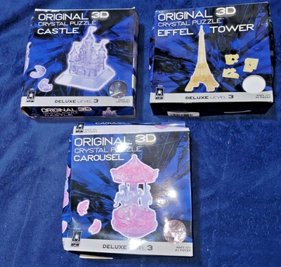 Lote de 3 rompecabezas de cristal 3D BePuzzled carrusel rosa, castillo, torre Eiffel Foto 1 de 4