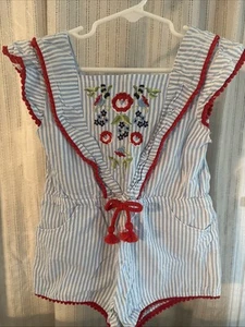 Nannette Kids Size 5 Blue Striped Jumpsuit With Red Floral Embroidery - Picture 1 of 8