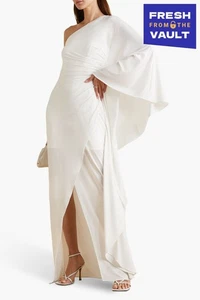 RRP€600 HALSTON Ellen Gown US2 UK6 IT38 XS White Lined Draped Slit One Shoulder - Picture 1 of 7