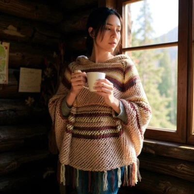 Brown hooded poncho /autumn colors hand crochet poncho - Image 1 of 4