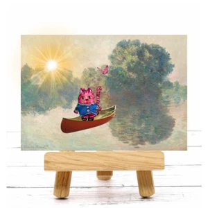 Original ACEO Art Print Purple Cat Boat Claude Monet Painting Miniature Artwork - Picture 1 of 3