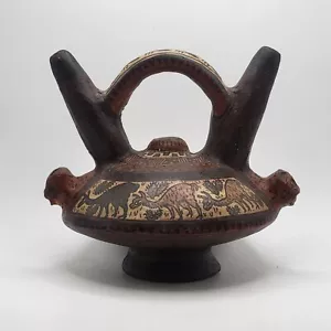 Double Spout Bridge Pottery Jar 5.5"W Hand Painted Animals - Picture 1 of 9