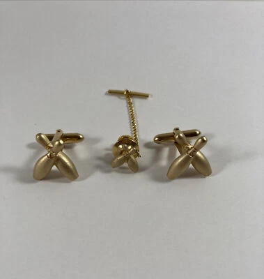 Vintage Cuff Links & Tie Pin in Shape of Bowling Pins Brushed Goldtone - Image 1 of 4
