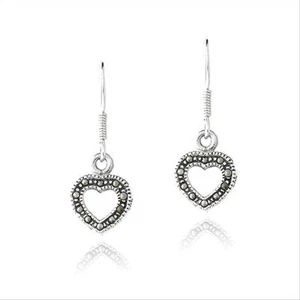 925 Silver Marcasite Open Heart Dangle Earrings - Picture 1 of 3