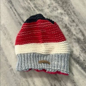 Columbia Youth Woven Knit Beanie One Size Pink White Grey Stripe - Picture 1 of 5
