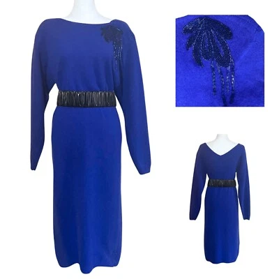 Vtg 80s Blue Beaded Midi Sweater Dress Lambswool/Angora. Small. Bejeweled. EUC. - Image 1 of 4